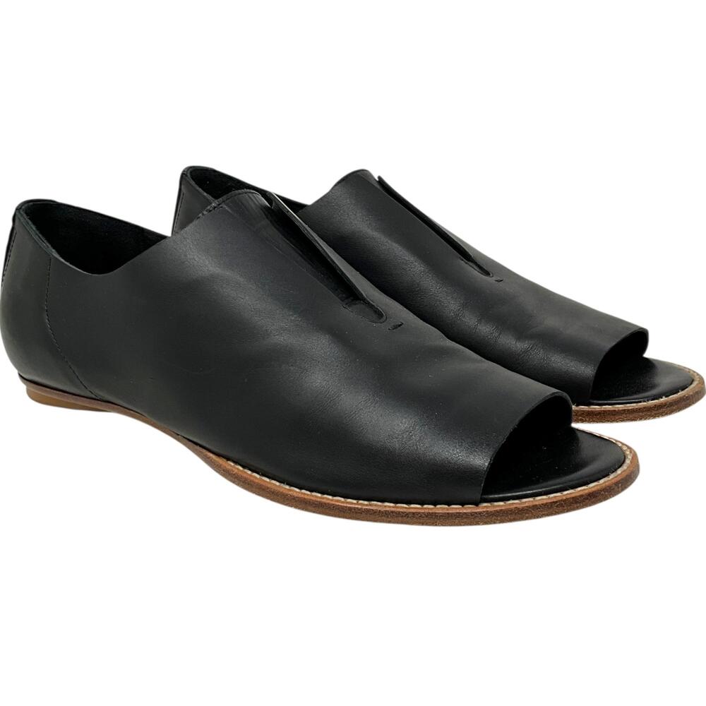 Zero + Maria Cornejo Slip On Womens 8.5 Black Leather Peep Toe Flat Italy - Picture 1 of 10